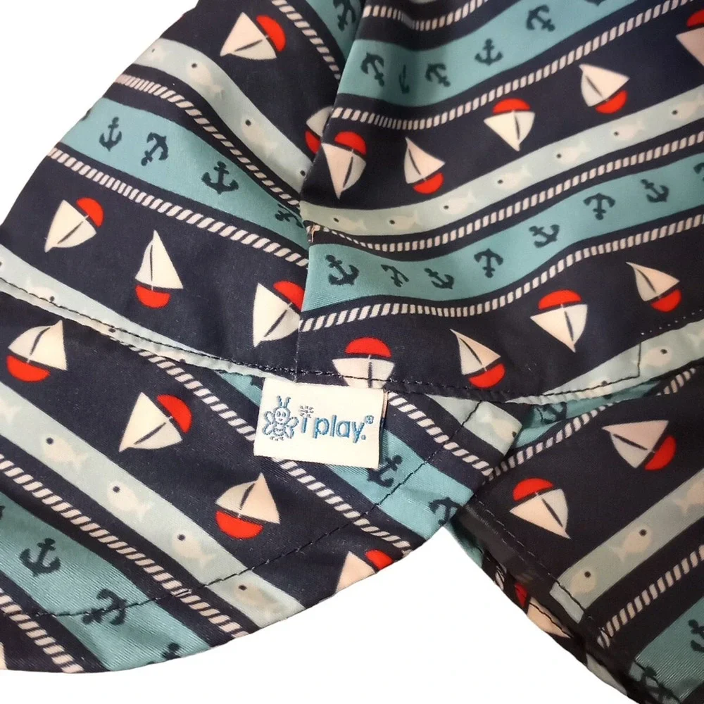 i Play Toddler 2T-4T Blue Green Sun Hat UPF 50+ Neck Covering Comfort Neck Tie
